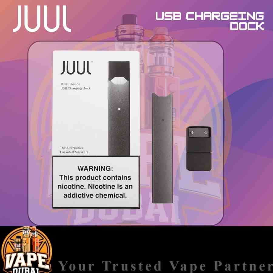 “JUUL device with USB charging dock Dubai fast delivery – sleek device and dock close-up