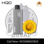 Black HQD 6000 Puffs vape with ice cubes, blackberries, and flavor options.
