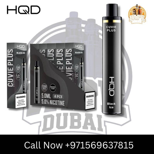 HQD Cuvie Plus Black Ice disposable vape, 1200 puffs, 5% nicotine in a black package and device